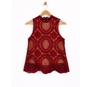 Miami Burgundy Red Crochet Lace High Neck Sleeveless Top Scalloped Hem S